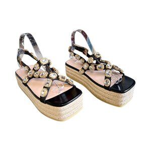 GUCCI Pepita Crystal Espadrille Sandal EU 38.5 US 8.5 Black Leather Platform